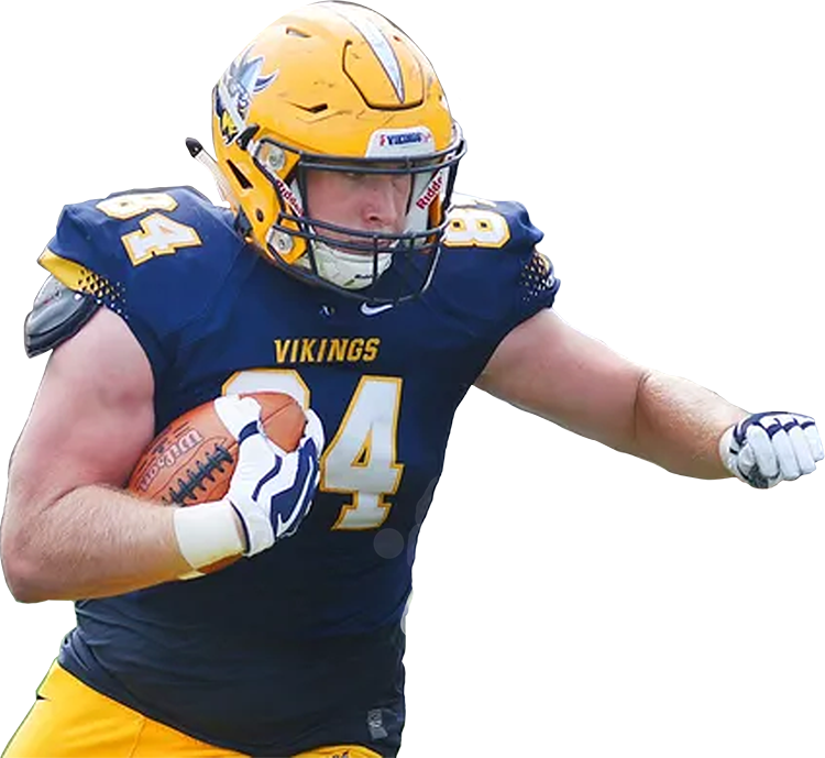 Cutout of Augustana Vikings football player #84, seen charging with a football in hand