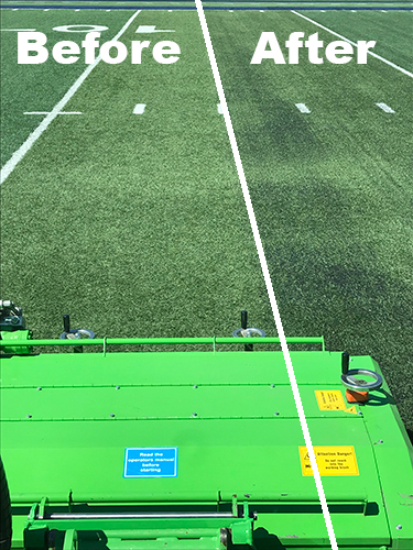 Photo of a football field before and after the machine runs over it